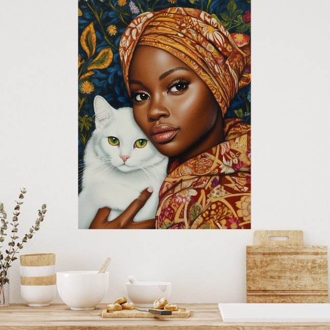 Poster Femme gracieuse avec chat (Cuisine)