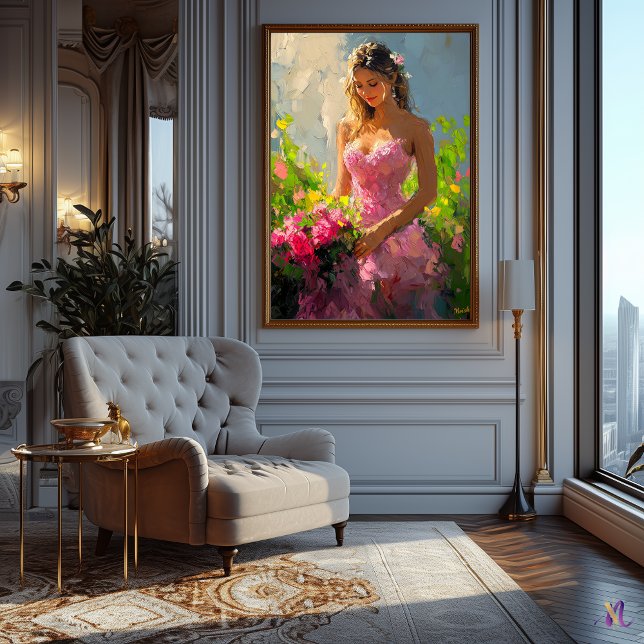 Poster Femme gracieuse dans le jardin fleuri dans l'impre (Créateur téléchargé)