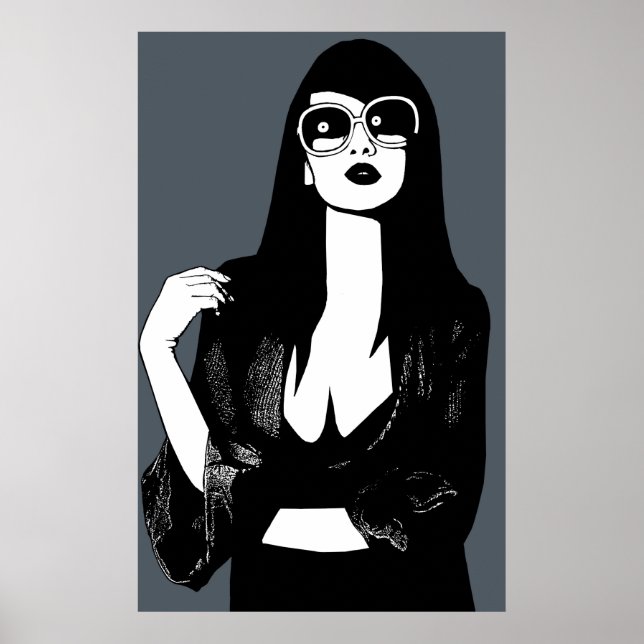 Poster Femme haïe foncée portant lunettes de soleil Art d (Devant)