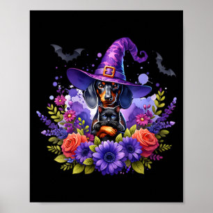 Poster Femme Halloween Sorcière Dachshund Chien Noir