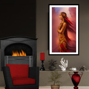 Poster femme indienne d'Amérique robe rouge or plumes