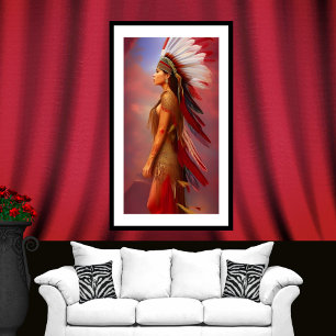 Poster Femme indienne d'Amérique rouge or plumes bleu