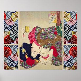 POSTER FEMME JAPONAISE À L'AIR FATIGUÉ AVEC CHAT BLANC