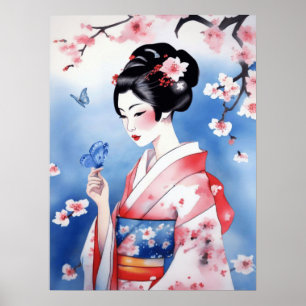 Poster Femme japonaise avec un papillon bleu