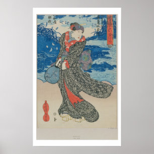 Poster Femme japonaise en bord de mer (imprimé en bois co