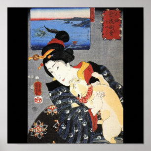 Poster Femme japonaise et chat, c. Japon des années 1800