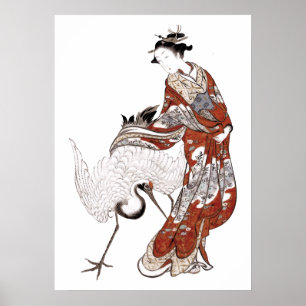 Poster Femme japonaise et grue (18ème siècle)