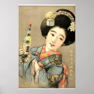 Poster Femme japonaise vintage en Kimono avec saké