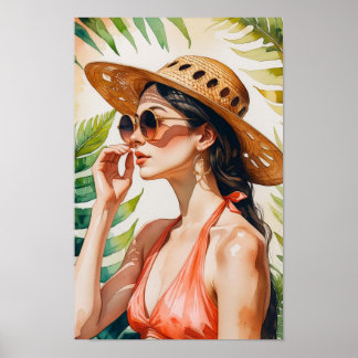 Poster Femme jolie en aquarelle rose pêche