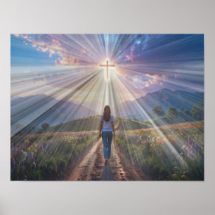 Poster Femme marchant vers la croix lumineuse – Parcours