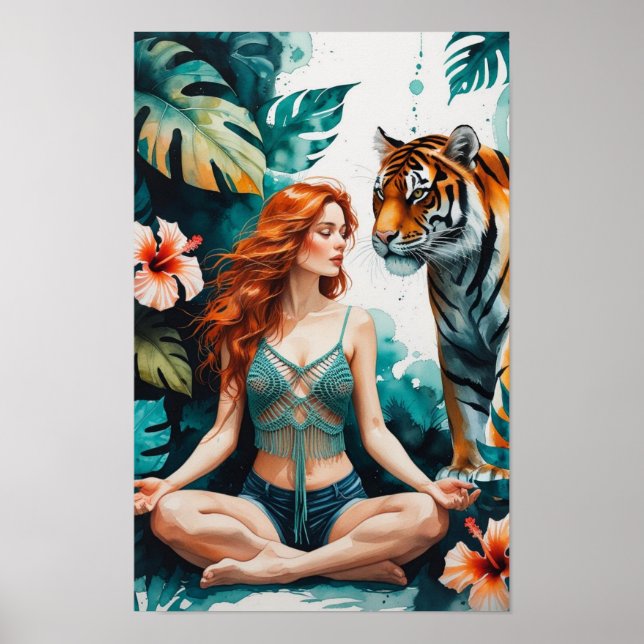 Poster Femme méditant avec un tigre du Bengale (Devant)