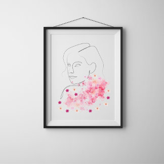 Poster Femme Moderne Avec Fleurs Roses Ligne Art