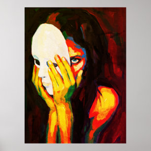 Poster Femme mystérieuse tenant un masque - Art dramatiqu