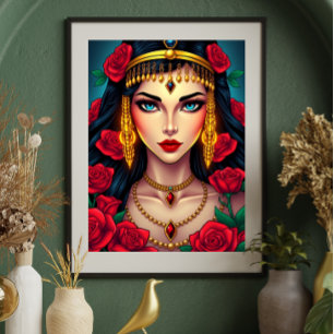 Poster Femme mystique aux yeux bleus et aux roses rouges