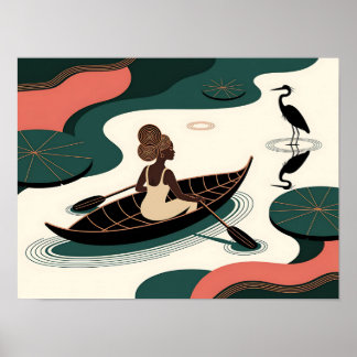 Poster Femme noire abstraite ramant en canoë