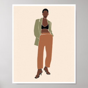 Poster Femme noire boho Blazer vert olive Art de mode
