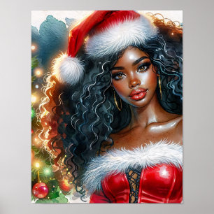 Poster Femme noire de Noël avec sapin de Noël