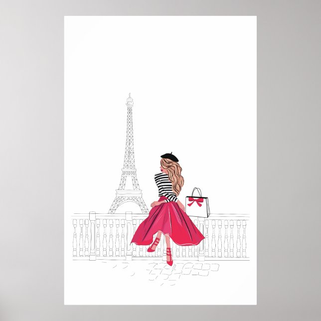 Poster Femme parisienne devant la Tour Eiffel, Paris (Devant)