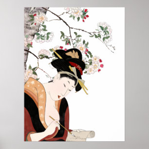 Poster Femme portrait femme en bois japonaise écrivant
