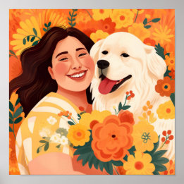 Poster Femme prospère et Secourt chien portrait floral