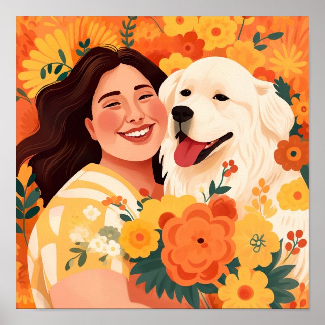 Poster Femme prospère et Secourt chien portrait floral (Devant)