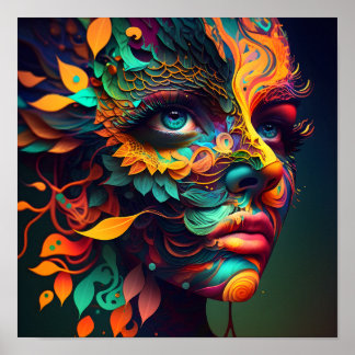 Poster Femme psychédélique colorée Face AI Art généré