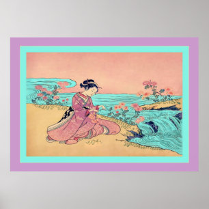 Poster Femme qui ramasse des chrysanthèmes ~ Japonais Vin