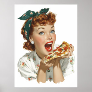 Poster Femme rétro appréciant une part de pizza