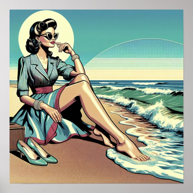 Poster Femme rétro des années 1950 assise sur la plage (Devant)