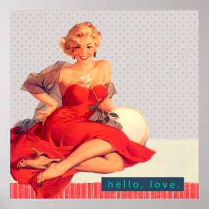 Poster Femme rétro en rouge robe stylo Vintage style