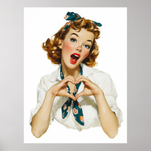 Poster Femme rétro faisant un geste de cœur