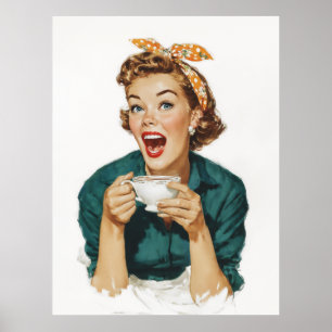 Poster Femme Rétro Joyeuse qui Jouit d'un Café