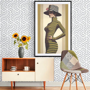 Poster Femme rétro portant Casquette avec Rose