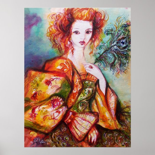 POSTER FEMME ROMANTIQUE AVEC PÂTE DE PEACOCK ÉCLANTE (Devant)