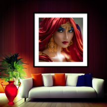 Femme rousse exotique coulée rouge Or bleu Abstrai