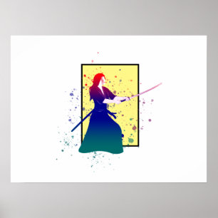 Poster Femme Samurai guerrière avec Sword Paint Splash