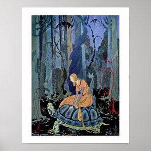Poster Femme s'asseyant sur une tortue