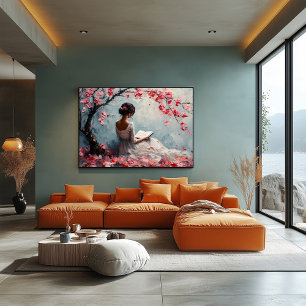 Poster Femme sereine lisant sous les fleurs de cerisier