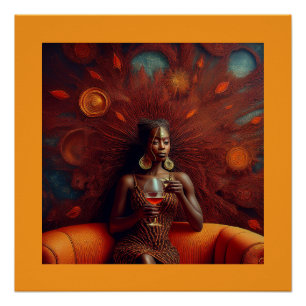 Poster Femme Sirotant Un Verre Sur Canapé