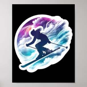 Poster Femme skieuse aquarelle art fille qui skie amoureu