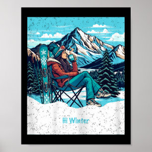 Poster Femme skieuse boit du café Vacances d'hiver Noël