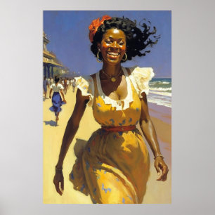 Poster Femme souriante marchant le long de la côte par un