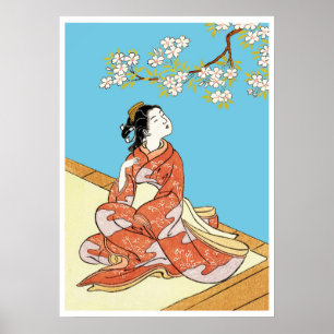 Poster Femme sous des fleurs de cerisier
