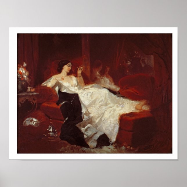 Poster Femme sur un canapé rouge (Devant)
