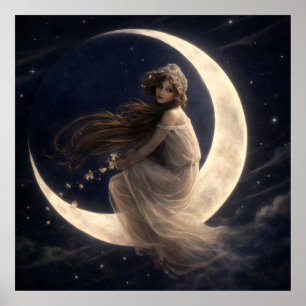 Poster Femme sur un croissant de lune avec des fleurs