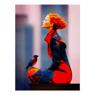 Poster Femme Surréaliste et Oiseau Élégants Cheveux Rouge