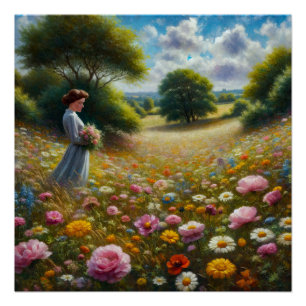Poster Femme tenant des fleurs dans un pré