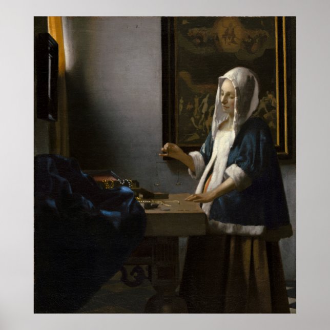 Poster Femme tenant un équilibre par Johannes Vermeer (Devant)