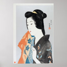 Femme tenant une serviette de toilette par Goyō Ha