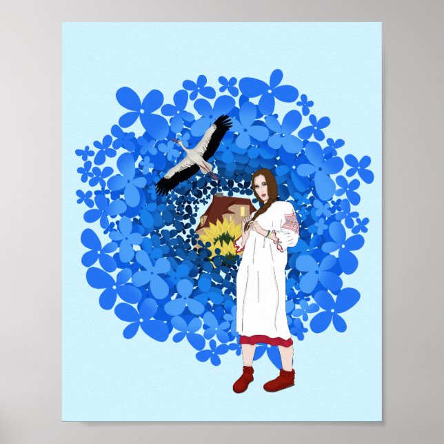 Poster Femme ukrainienne, cigogne et fleurs (Devant)